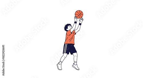 Young athletic person in orange shirt and dark shorts performing a jump shot with a basketball above their head demonstrating a sports skill