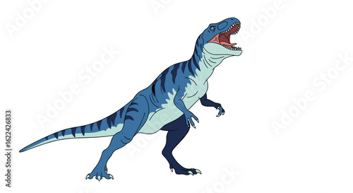 Fierce blue striped dinosaur roaring and attacking in pixelated art style vividly depicting prehistoric life