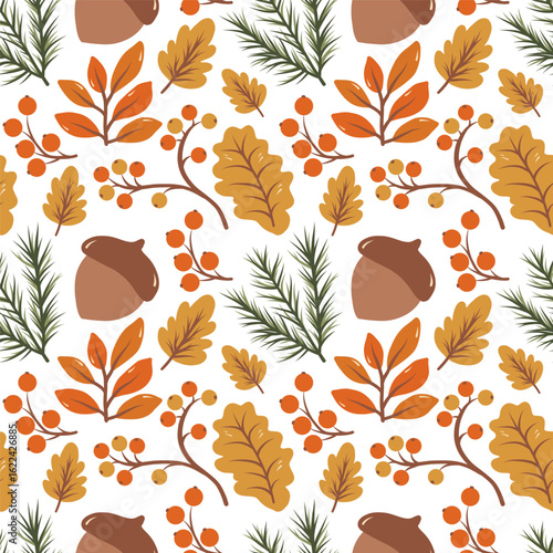 Seamless pattern with colorful autumn leaves, berries. Vector background for Thanksgiving Day.	
