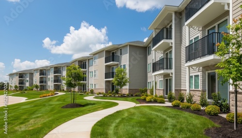 Modern apartment complex exterior suburban area real estate photography daytime wide angle contemporary living