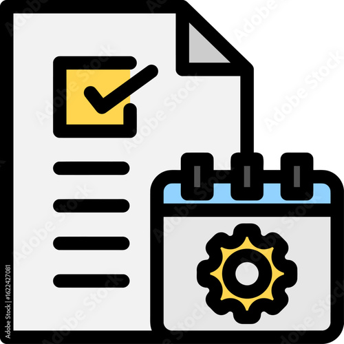Checklist document scheduled with gear icon, indicating planning and task management.