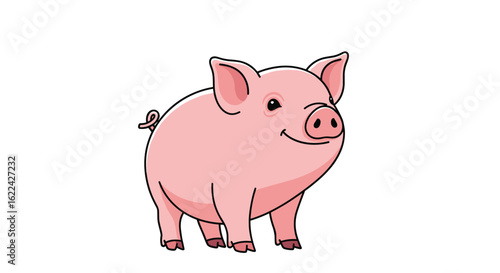 A charming pink piggy standing proudly and smiling in a whimsical farm animal illustration full of joy and playfulness for children
