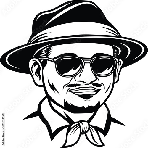 Man's black outline presents stylish hat, sunglasses, mustache, and knotted tie for a retro appearance