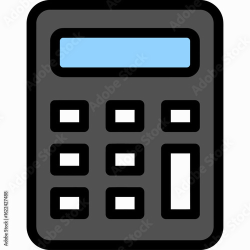 A stylized icon of a gray electronic calculator with a light blue screen and keypad for calculations.