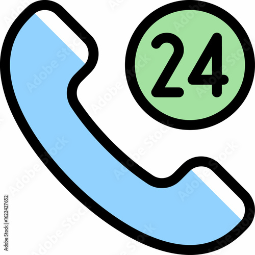 Stylized graphic of a blue phone receiver and a green '24' symbol, representing round-the-clock service and support.
