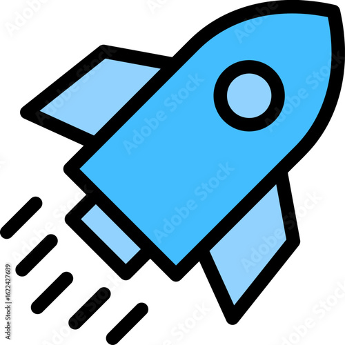 A simple graphic illustration of a blue rocket ship launching upwards with speed lines.