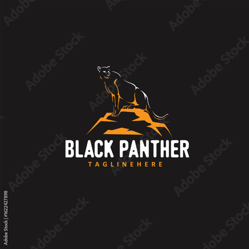 Silhouette Black Panther Standing on Rocks Vector Illustration,Wild Animal Logo in Vintage Style for Branding Design