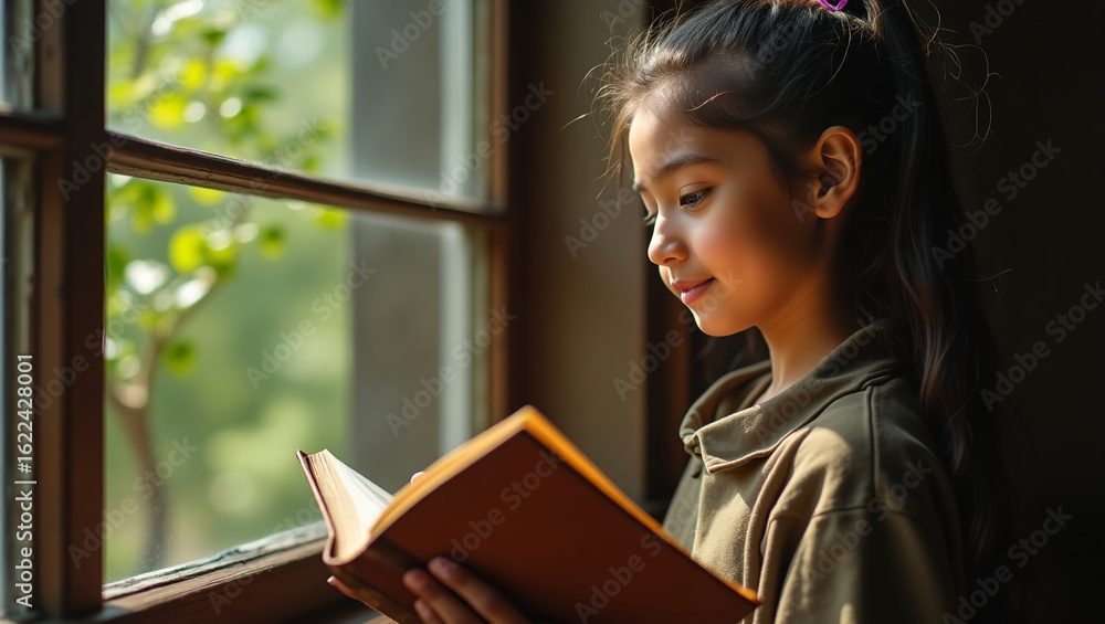 Naklejka premium Student reading book at window with leaf shadows on face, dreamy and warm