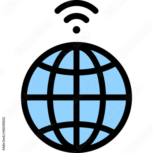 A blue globe icon with a black grid and a wireless signal symbol above, representing global connectivity.