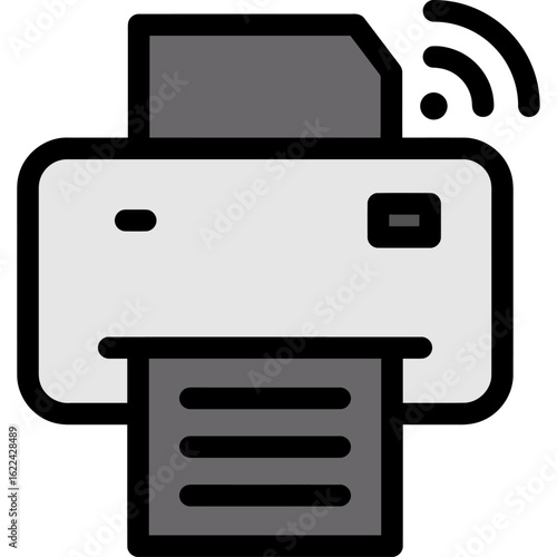 A simple icon of a wireless printer with a Wi-Fi signal, shown printing a document.