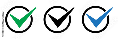 Check icon. Checkmark symbols set. Approved symbol. Ok icon. Check button sign. Tick icon. Checkpoint. Best modern flat pictogram illustration sign for web and mobile apps design