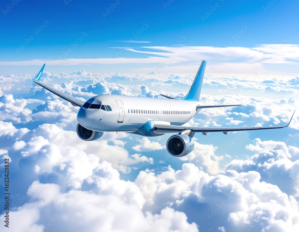 Obraz premium Commercial Airplane Ascending into a Blue Sky with Puffy White Clouds Below Gaining Altitude
