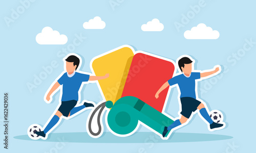 two football players playing near a whistle and red and yellow cards illustration of fair play in football