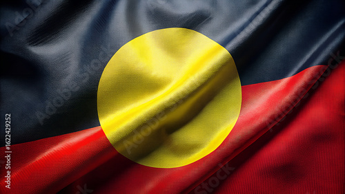 Close up of the australian aboriginal flag waving with rich texture and vibrant colors representing indigenous culture and heritage