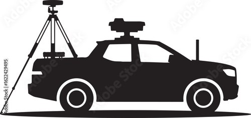 Black silhouette of a survey pickup truck with a roofmounted mobile mapping system and a geodetic total station on a tripod