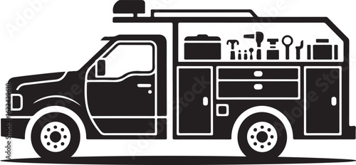 Stylized black silhouette of a utility work truck with open tool compartments