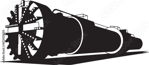 Black silhouette of a massive Tunnel Boring Machine TBM with its intricate cutter head depicted in a powerful side view