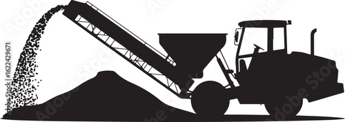 Black silhouette of a mobile feed grinder mixer with a conveyor belt unloading grain into a large pile