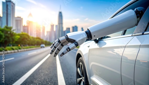 Robotic arm from car window. Cityscape view