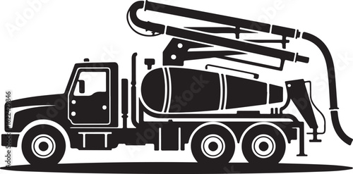 Stylized black silhouette of a concrete pump truck with an articulated boom side view vector illustration