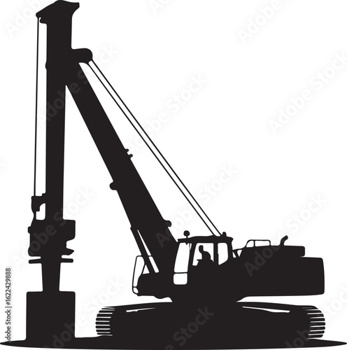 Solid black silhouette of a hydraulic hammer pile driver on caterpillar tracks
