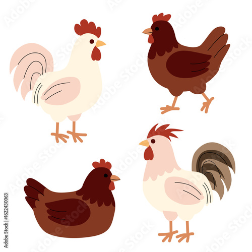 Flat illustration of two roosters and two hens in different poses and colors. Simple cartoon style with warm earthy tones, ideal for farm themed projects, children s books, and educational materials