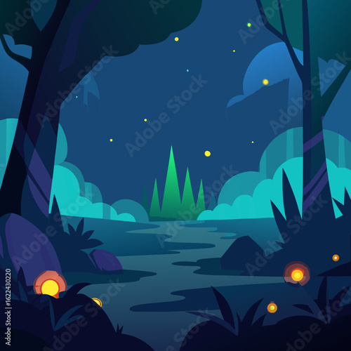 Enchanting forest stream at night with fireflies