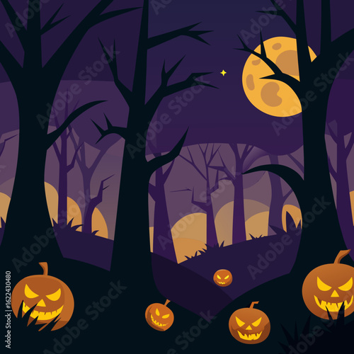 Spooky halloween night forest with jack o lanterns and full moon