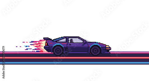Pixel art retro car on a synthwave road