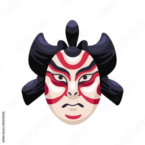 Traditional Japanese kabuki mask with hair and makeup face with red lines. East Asian theatre ornamented masque of ancient samurai for masquerade. Flat isolated vector illustration on white background