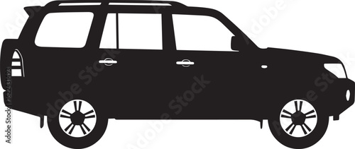 Monochrome silhouette of a modern SUV with a roof rack Side profile vector graphic of a sport utility vehicle with alloy wheels