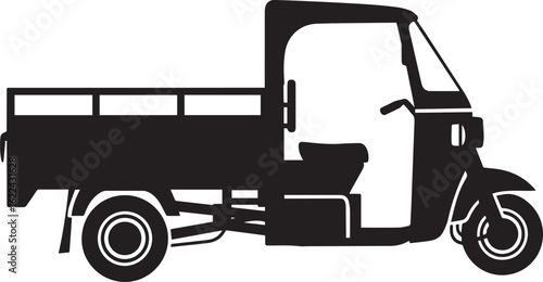 Black silhouette of a threewheeled utility autorickshaw with an open cargo bed side view icon