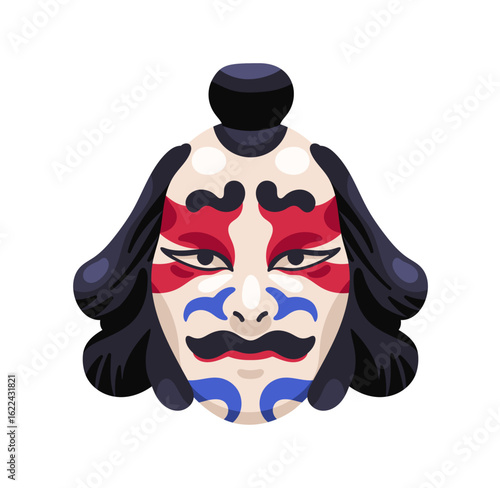 Ornamented kabuki mask of samurai, warrior. Traditional Japanese masque with makeup, blue and red lines on face. Theatre in East Asian culture. Flat isolated vector illustration on white background
