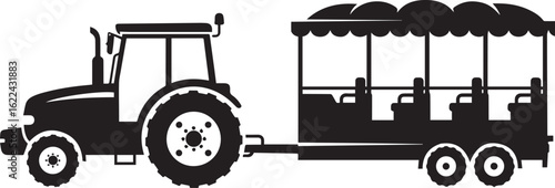 Monochrome silhouette of a modern farm tractor pulling a passenger tour trailer with a scalloped awning
