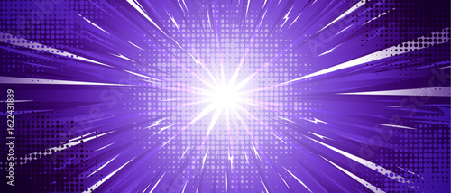 Purple anime explosion background with radial speed lines bursting from bright white center. Comic book halftone dots, dynamic motion effects for manga action scenes, superhero fights or energy blasts