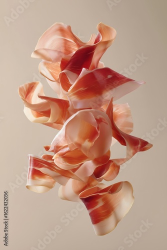 Floating Prosciutto Strips in Airy Spiral Formation on Nude Backdrop