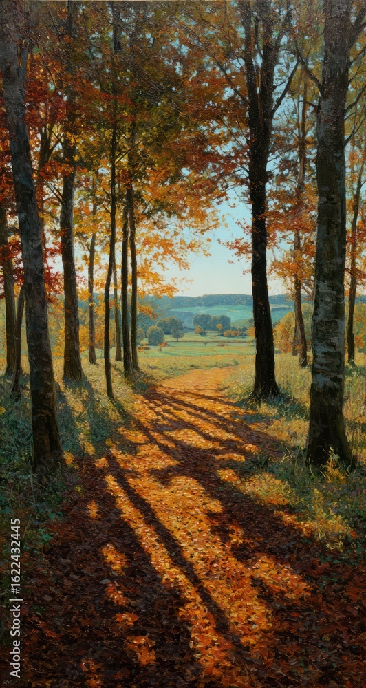 Obraz premium Autumnal forest path bathed in sunlight