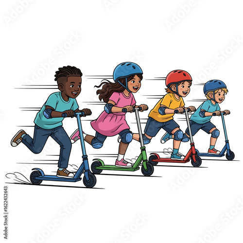 Diverse Kids in a Fun Scooter Race