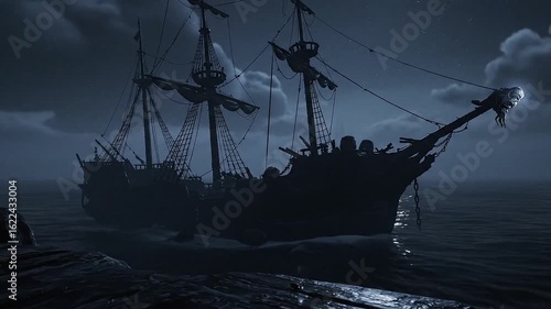 Silhouette of a Historic Ship at Night Illuminated by Moonlight on a Dark Ocean