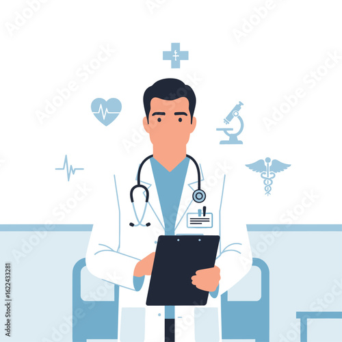 Flat vector illustration of a doctor in a white coat holding a clipboard, standing in a hospital room, clean background with medical icons