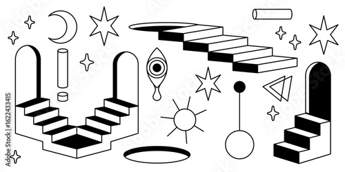 Obraz na plátne Surreal architectural elements with door portals, impossible stairs, geometric arches, moon and stars, sun and eye with tear drop