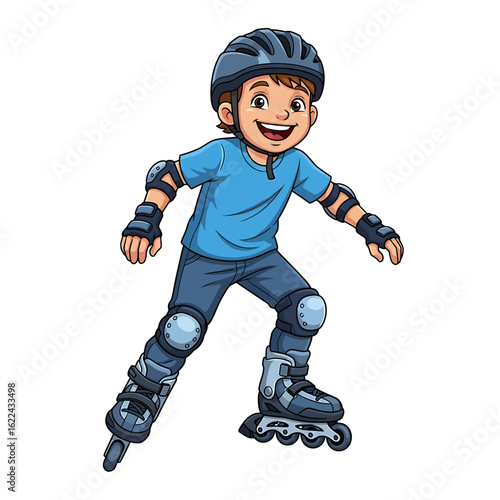 Smiling boy rollerblading safely