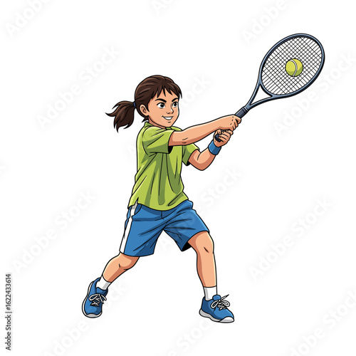 Young tennis player hits a forehand