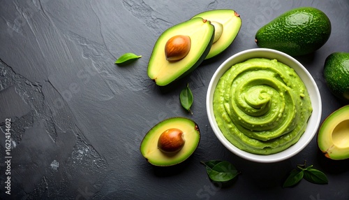 Overhead shot of avocado mousse in white bowl, wide composition with space for text. Fresh, creamy, and healthy, perfect for dessert, vegan, and food photography projects.