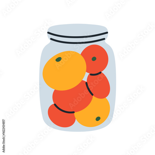 Pickled tomato canned preserved in glass jar. Natural organic vegetables in preservation container. Healthy farm produce, conserve food. Flat vector illustration isolated on white background