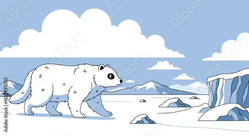 Pixel art polar bear wandering across a snowy arctic landscape with icebergs and mountains under a cloudy sky