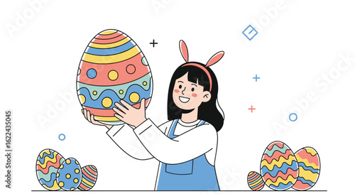 A young girl with bunny ears joyfully holds a large decorated easter egg surrounded by smaller eggs in a festive spring celebration scene