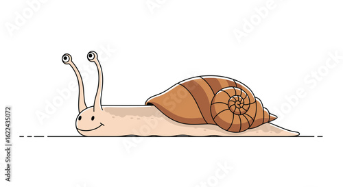 A happy snail with a big shell slowly moving along a flat surface enjoying its journey through nature