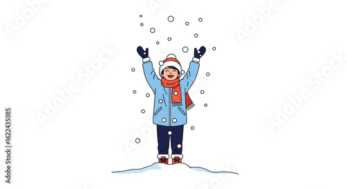 A young person in winter clothing with their arms raised to catch falling snowflakes is enjoying the snowy weather