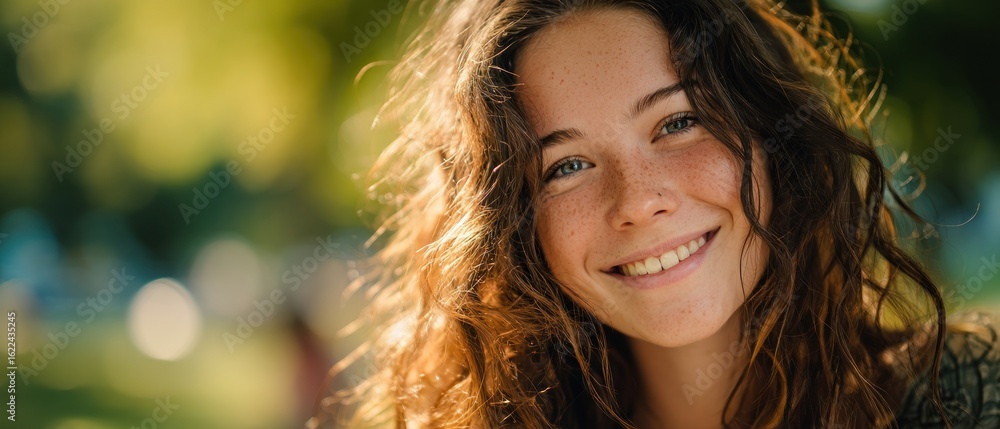 Fototapeta premium Portrait of a Young Woman with Freckles and Curly Hair Smiling Outdoors